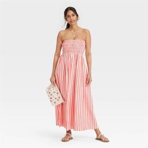 Universal Thread Coral Red Striped Strapless Midi A-line Dress Medium NWT